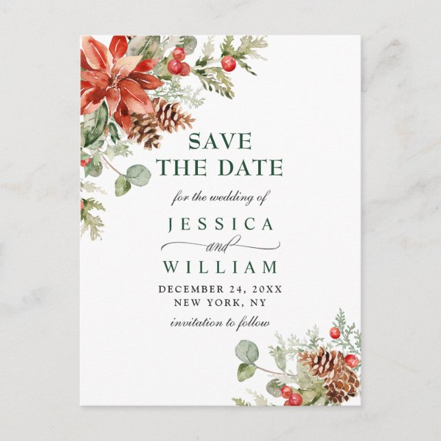 Elegant Red Poinsettia Pine Wedding Save the Date Postkarte (Vorderseite)