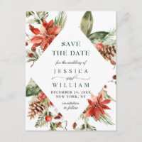 Elegant Red Poinsettia Pine Wedding Save the Date