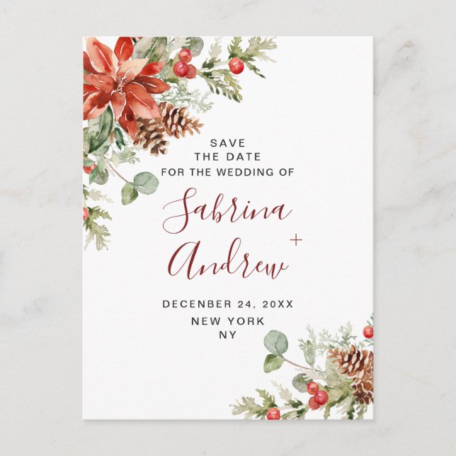 Elegant Red Poinsettia Pine Wedding Save the Date Postkarte (Vorderseite)