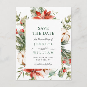 Elegant Red Poinsettia Pine Wedding Save the Date Postkarte