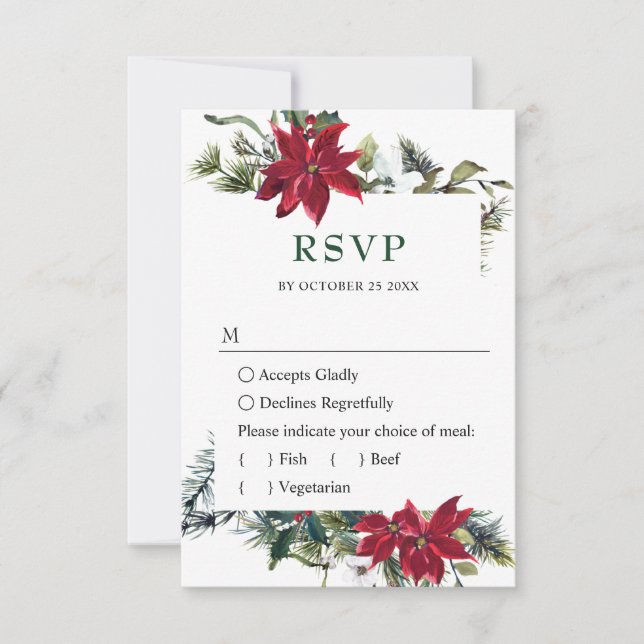 Elegant Red Poinsettia Wasserfarbene Pine Fir Wedd RSVP Karte (Vorderseite)