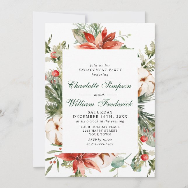 Elegant Red Poinsettia Watercolor ENGAGEMENT PARTY Einladung (Vorderseite)