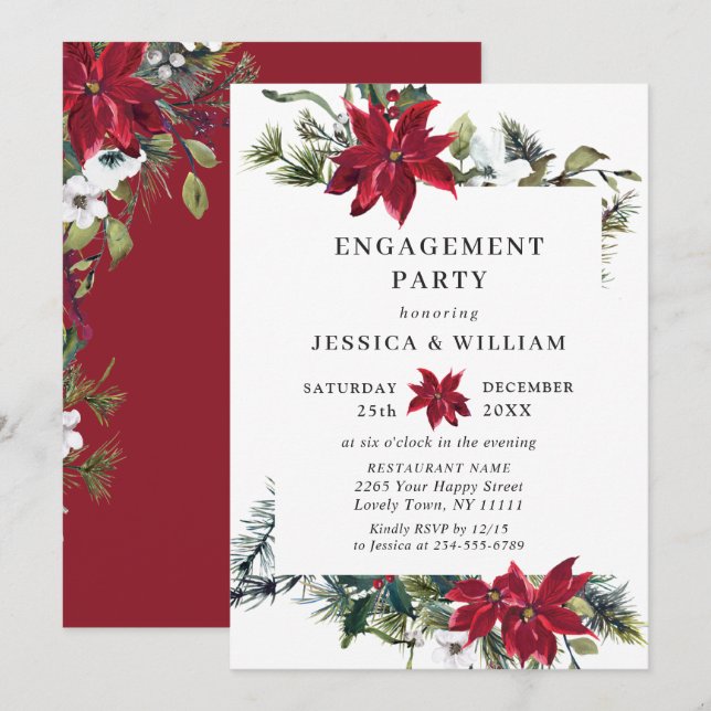 Elegant Red Poinsettia Watercolor ENGAGEMENT PARTY Einladung (Vorne/Hinten)