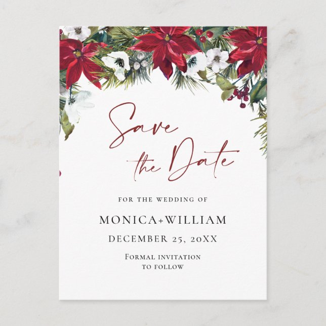 Elegant Red Poinsettia Wedding Save the Date Postkarte (Vorderseite)
