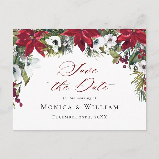 Elegant Red Poinsettia Wedding Save the Date Postkarte (Vorderseite)