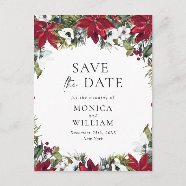 Elegant Red Poinsettia Wedding Save the Date Postkarte (Vorderseite)