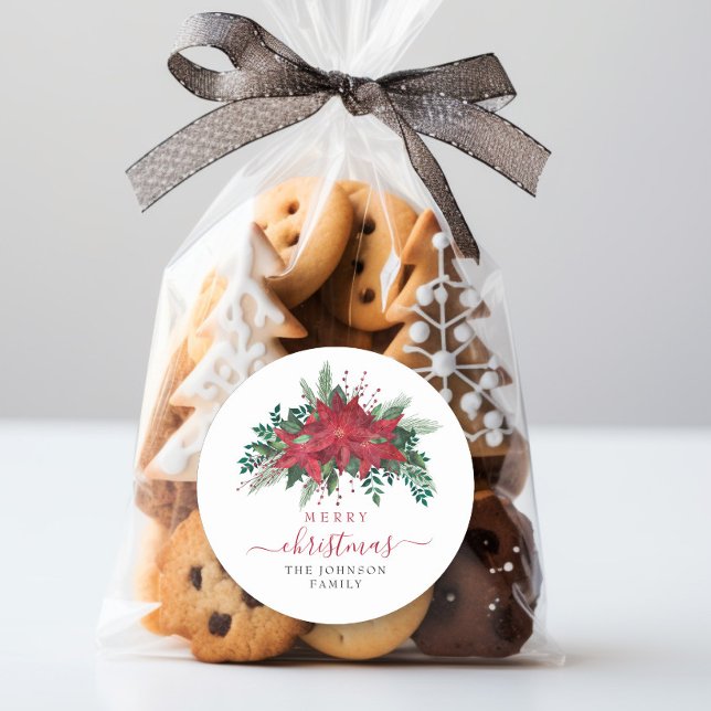 Elegant Red Poinsettia Weihnachten Runder Aufkleber (Elegant Red Poinsettia Floral Script Christmas Classic Round Sticker)