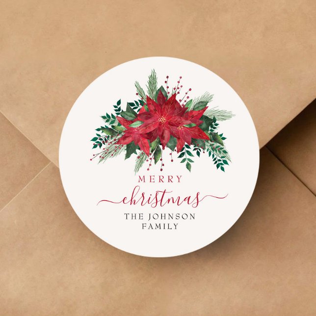 Elegant Red Poinsettia Weihnachten Runder Aufkleber (Elegant Red Poinsettia Floral Script Christmas Classic Round Sticker)