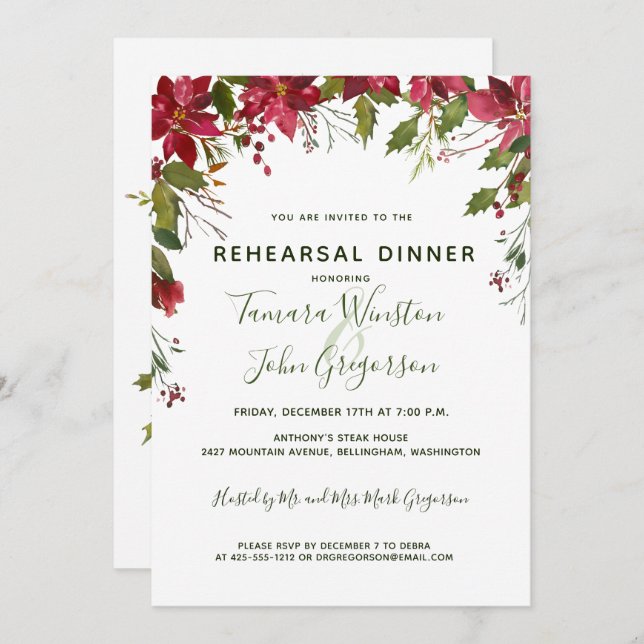Elegant Red Poinsettia Weihnachts Reheasal Abendes Einladung (Vorne/Hinten)