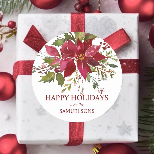 Elegant Red Poinsettia Weihnachtsfeiertage Runder Aufkleber (Watercolor Red Poinsettia Christmas Happy Holidays Classic Round Sticker)