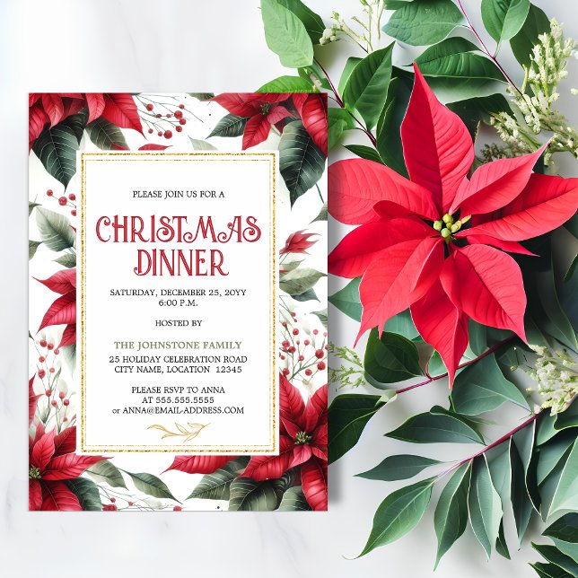 Elegant Red Poinsettia Weihnachtsfest Abendessen Einladung (Elegant red poinsettia Christmas Holiday dinner party invitation front view.)