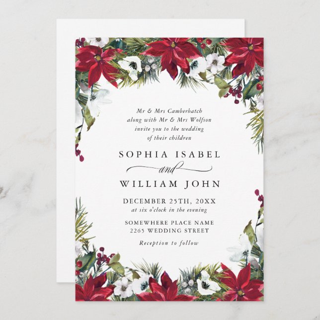 Elegant Red Poinsettia WeihnachtsWedding Einladung (Vorne/Hinten)