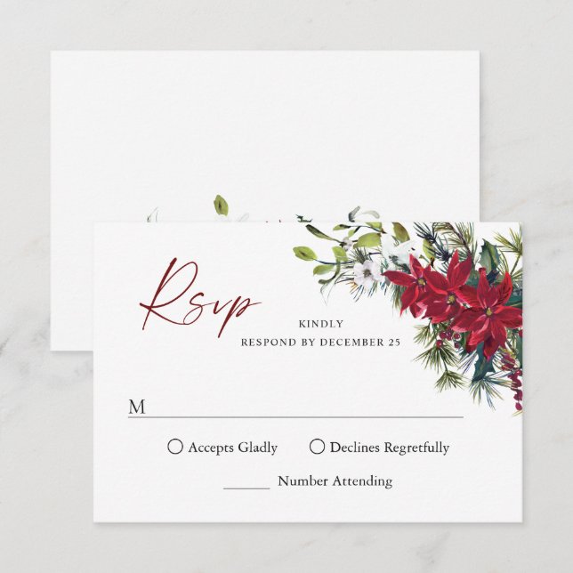 Elegant Red Poinsettia WeihnachtsWedding RSVP Karte (Vorne/Hinten)