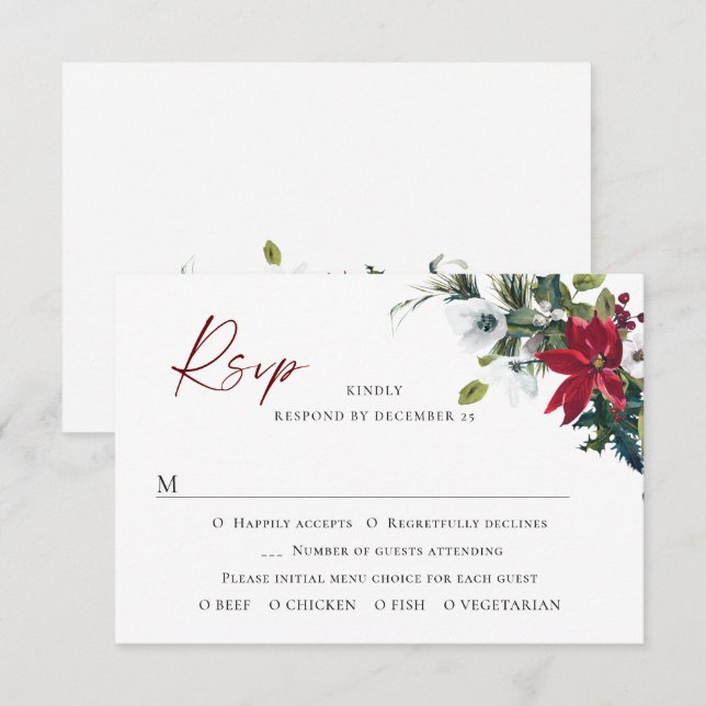 Elegant Red Poinsettia WeihnachtsWedding RSVP Karte (Vorne/Hinten)