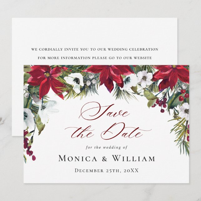 Elegant Red Poinsettia WeihnachtsWedding Save The Date (Vorne/Hinten)