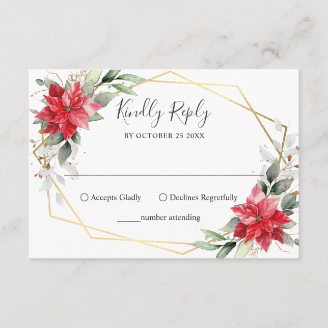 Elegant Red Poinsettia Winter Greenerity Wedding RSVP Karte (Vorderseite)