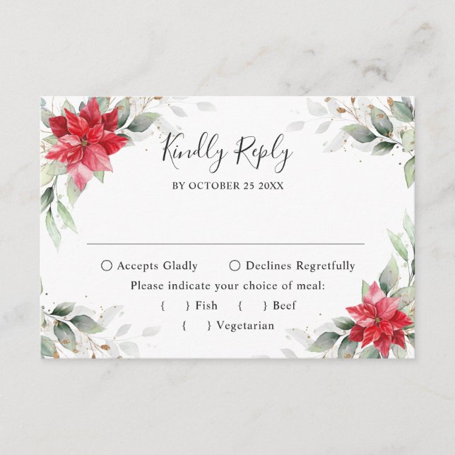 Elegant Red Poinsettia Winter Greenerity Wedding RSVP Karte (Vorderseite)