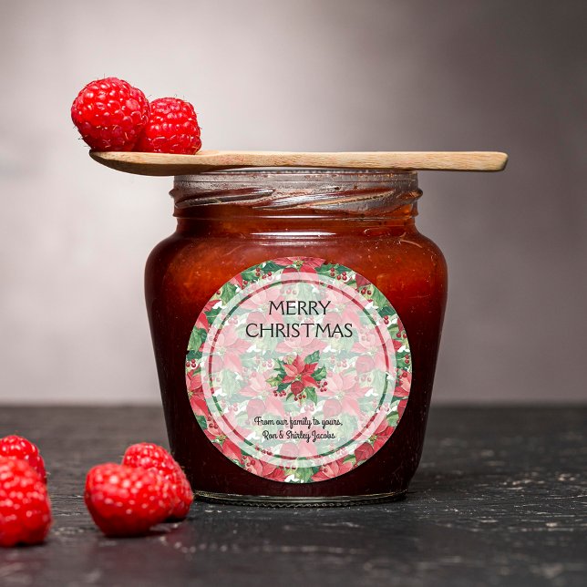 Elegant Red Poinsettias Frohe Weihnachten Runder Aufkleber (Elegant Red Poinsettias Merry Christmas Round Stickers)