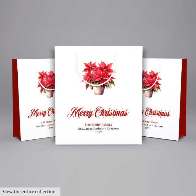 Elegant Red Poinsettias Script Font Holiday Bags Mittlere Geschenktüte (Elegant Red Poinsettia Watercolor Christmas Gift Bag)