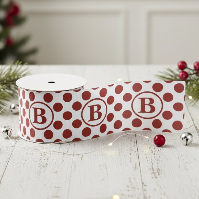 Elegant Red Polka Dot Monogram Ripsband (Large Red Polka Dots Monogram Ribbon for Christmas Gift Wrap. Modern Preppy Red and White Pattern)