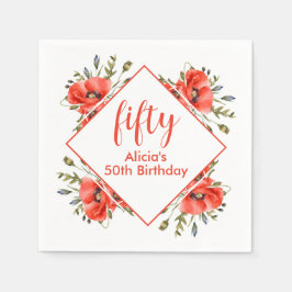 Elegant Red Poppy Greenery 50 Geburtstag Serviette