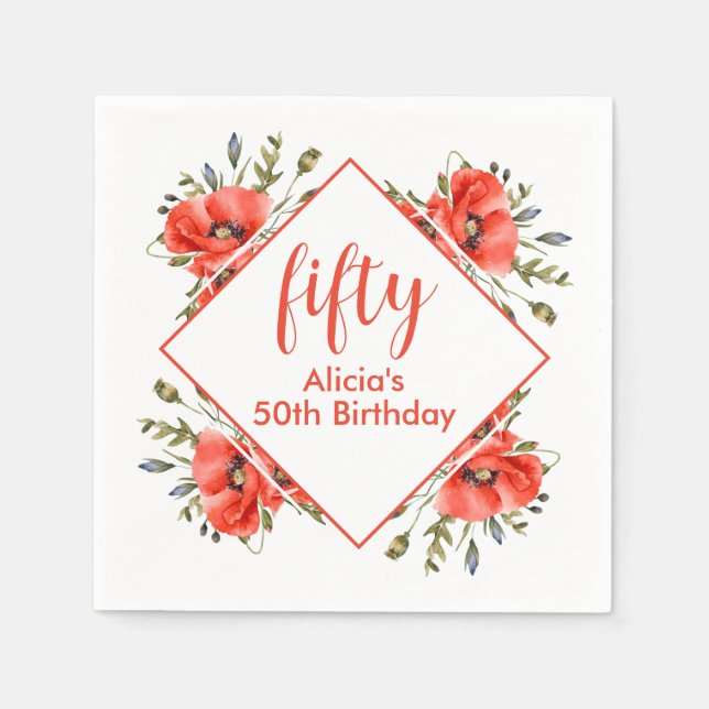 Elegant Red Poppy Greenery 50 Geburtstag Serviette (Vorderseite)