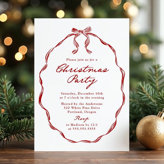Elegant Red Ribbon Frame Christmas Party Einladung (Von Creator hochgeladen)