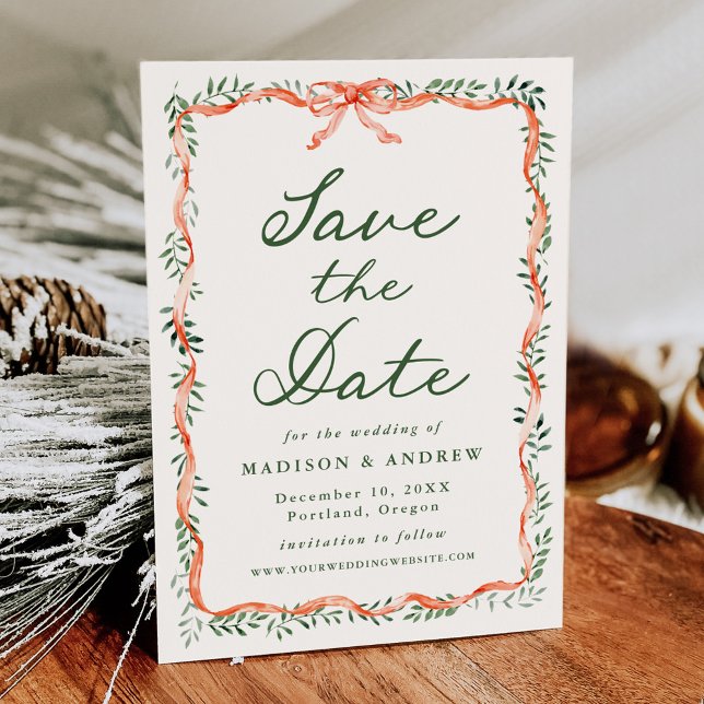 Elegant Red Ribbon Greenery Cream Holiday Wedding Save The Date (Von Creator hochgeladen)