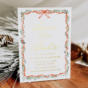 Elegant Red Ribbon Greenery Holiday Save the Date Folieneinladung