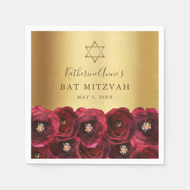Elegant Red Rose Floral Gold Bat Mitzvah Serviette (Vorderseite)