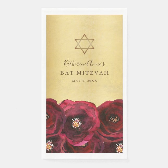 Elegant Red Rose Floral Gold Bat Mitzvah Serviette (Vorderseite)