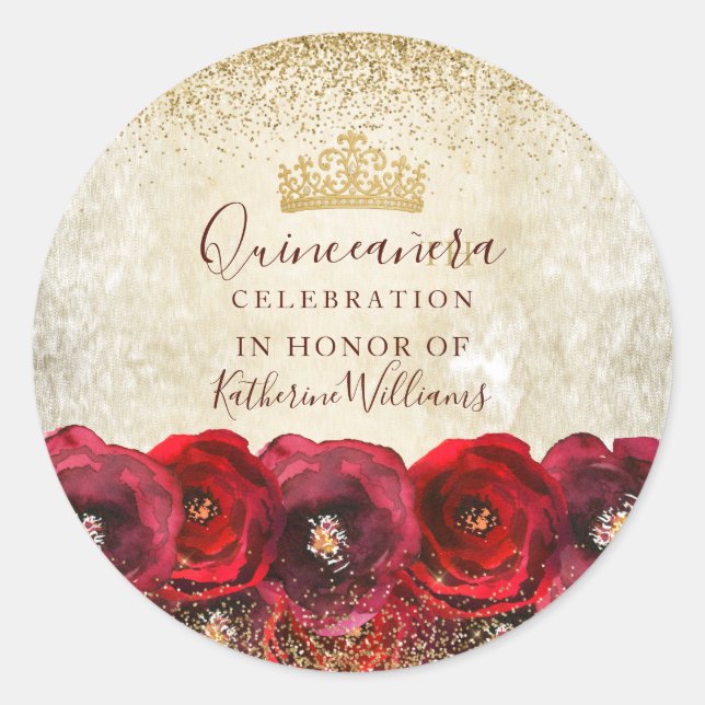 Elegant Red Rose Floral Gold Quinceañera  Runder Aufkleber (Vorderseite)