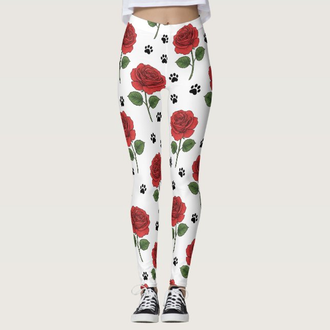Elegant Red Rose & Playful Paw Print Leggings (Vorderseite)