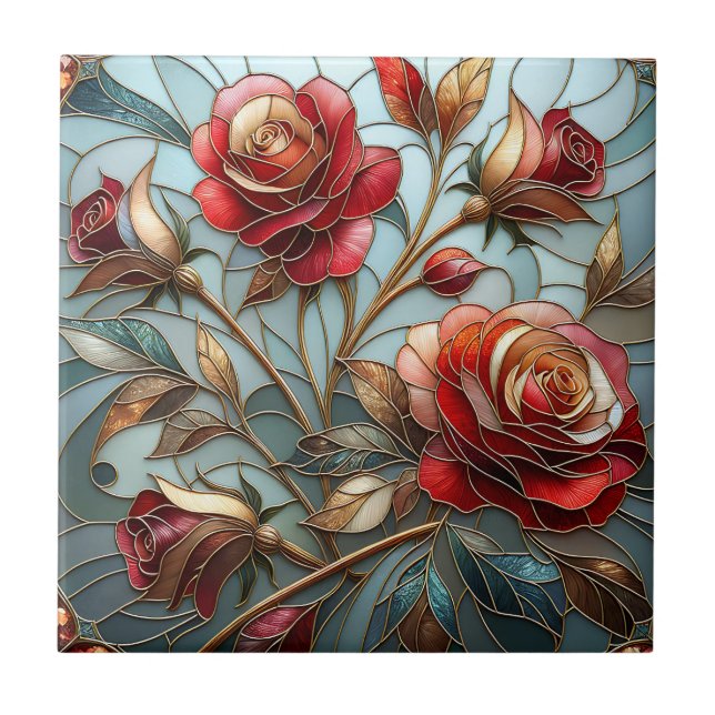 Elegant Red Rose Stained Glass Floral Gold Accent  Fliese (Vorderseite)