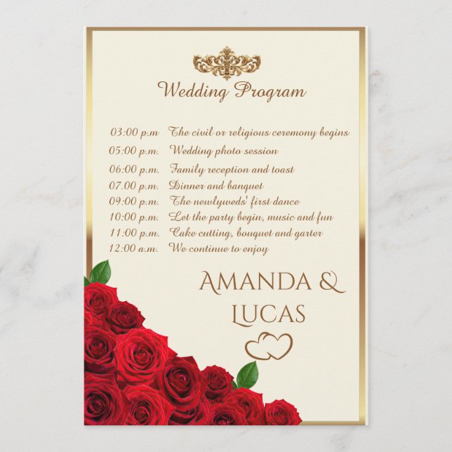 Elegant Red Roses and Gold Frame Cream Wedding Programm (Vorderseite)
