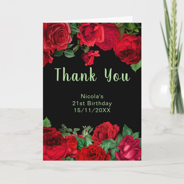 Elegant Red Roses Flowers Birthday Party Dankeskarte (Vorderseite)