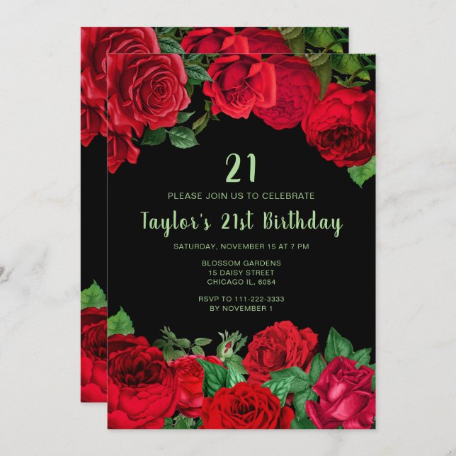 Elegant Red Roses Flowers Birthday Party Einladung (Vorne/Hinten)