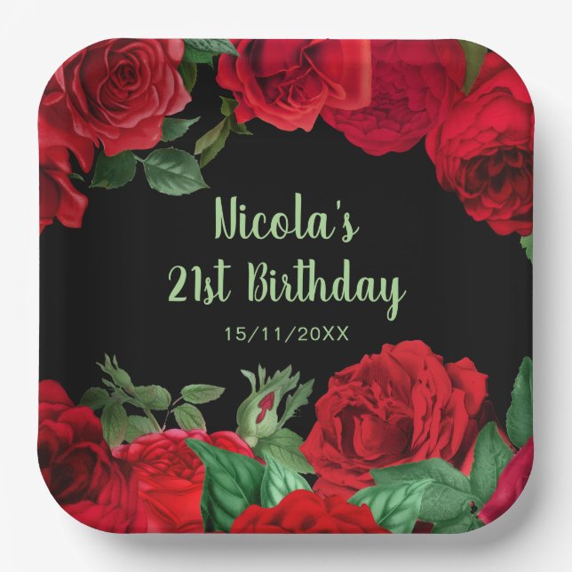 Elegant Red Roses Flowers Birthday Party Pappteller (Vorderseite)