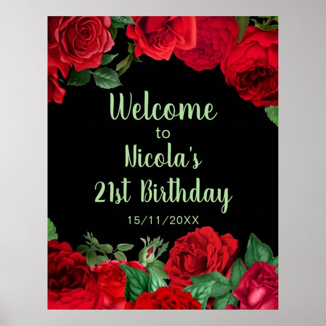 Elegant Red Roses Flowers Birthday Party Poster (Vorne)