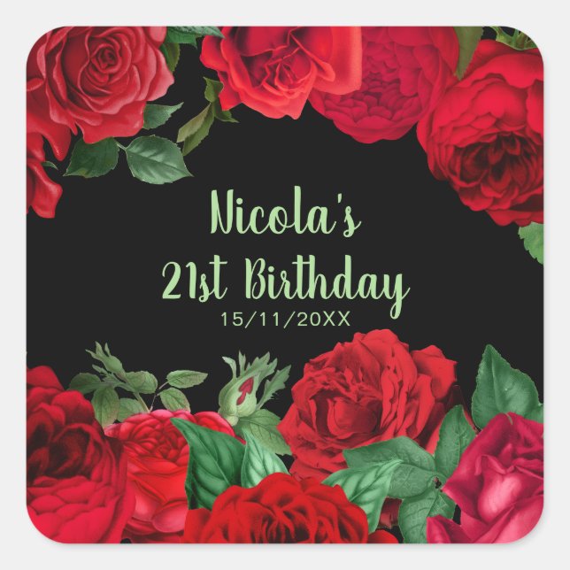 Elegant Red Roses Flowers Birthday Party Quadratischer Aufkleber (Vorderseite)