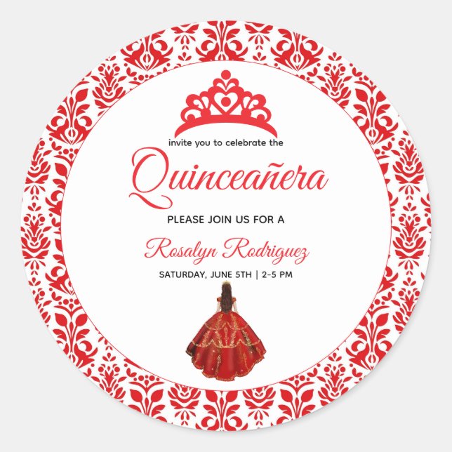 Elegant Red Royal Quinceñera Runder Aufkleber (Vorderseite)