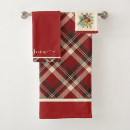 Elegant Red Scottish Kariert Vintag Bullfinch Badhandtuch Set
