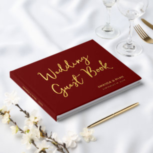 Elegant Red Script Bride Groom Wedding Gästebuch