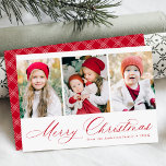 Elegant Red Script Frohe Weihnachten 3 Foto<br><div class="desc">Einfache Weihnachtskarte mit drei senkrechten Fotos mit "Frohe Weihnachten" in einem festlichen roten Kalligrafieschrift. Personalisieren Sie die Vorderseite der Multi-Foto Weihnachtskarte mit Ihrem Familiennamen und dem Jahr. Die Karte zeigt ein modernes kariertes Farbmuster an.</div>