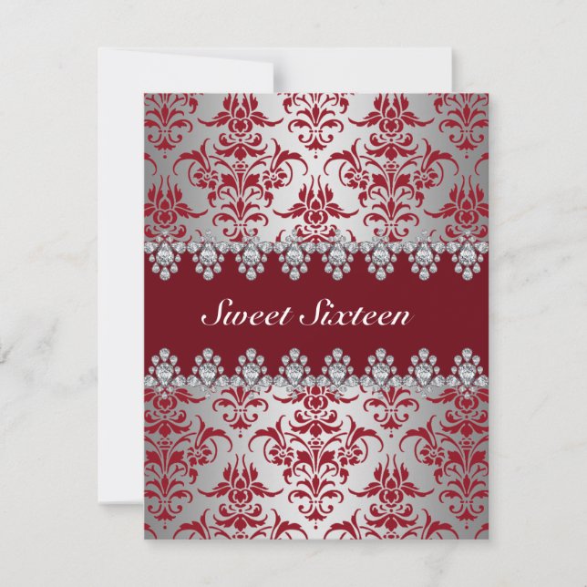 Elegant Red & Silver Damask Sweet16 Einladung (Vorderseite)