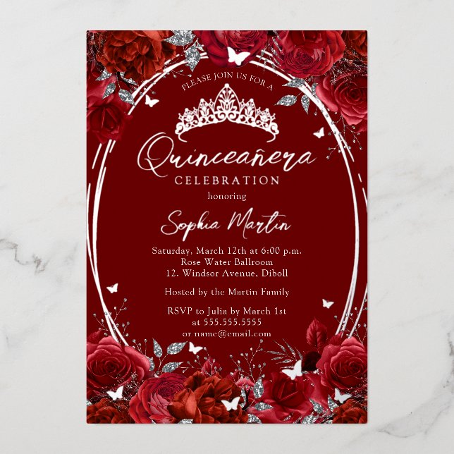 Elegant Red Silver Floral Quinceanera Folieneinladung (Vorderseite)