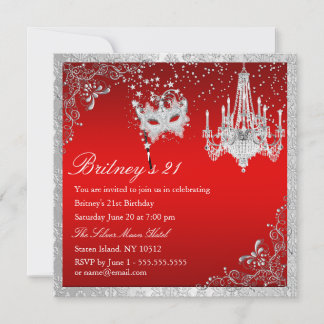 Elegant Red & Silver Masquerade 21. Einladung