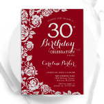 Elegant Red Silver Rose 30. Geburtstag Party Einladung<br><div class="desc">Rot silber florale 30. Geburtstag Party Einladung. Elegantes Design mit Rose,  Imitaten silberne Folie und Typografie Script Schriftart. Die trendige Einladungskarte eignet sich perfekt für eine stilvolle Damenfeier. Kann für jedes Alter angepasst werden. Gedruckte Zazzle-Einladungen oder Sofortdownload digitaler Druckvorlage.</div>