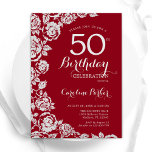 Elegant Red Silver Rose 50. Geburtstagsparty Einladung<br><div class="desc">Rot silber florale 50. Geburtstagsfeier Einladung. Elegantes Design mit Rose,  Imitaten silberne Folie und Typografie Script Schriftart. Die trendige Einladungskarte eignet sich perfekt für eine stilvolle Damenfeier. Kann für jedes Alter angepasst werden. Gedruckte Zazzle-Einladungen oder Sofortdownload digitaler Druckvorlage.</div>