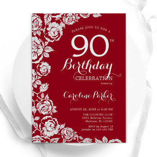 Elegant Red Silver Rose 90. Geburtstagsparty Einladung